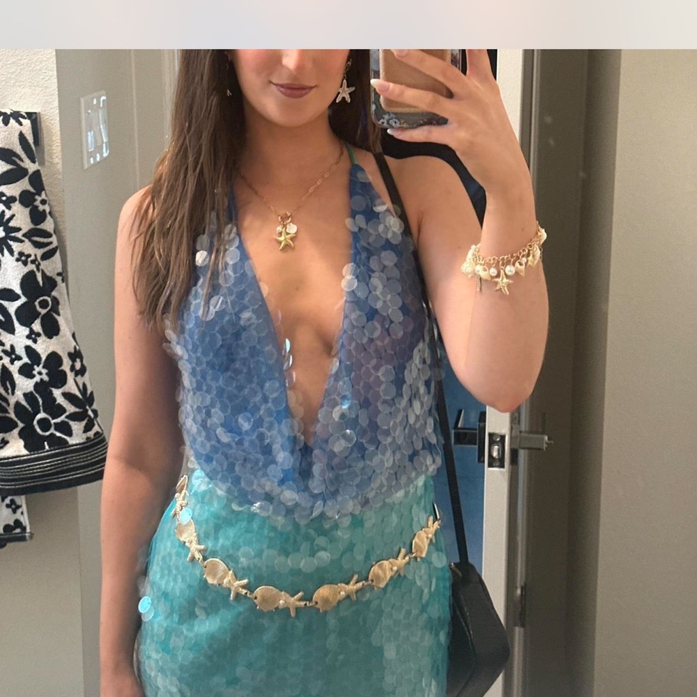 Blue and teal sequin halter mini dress
